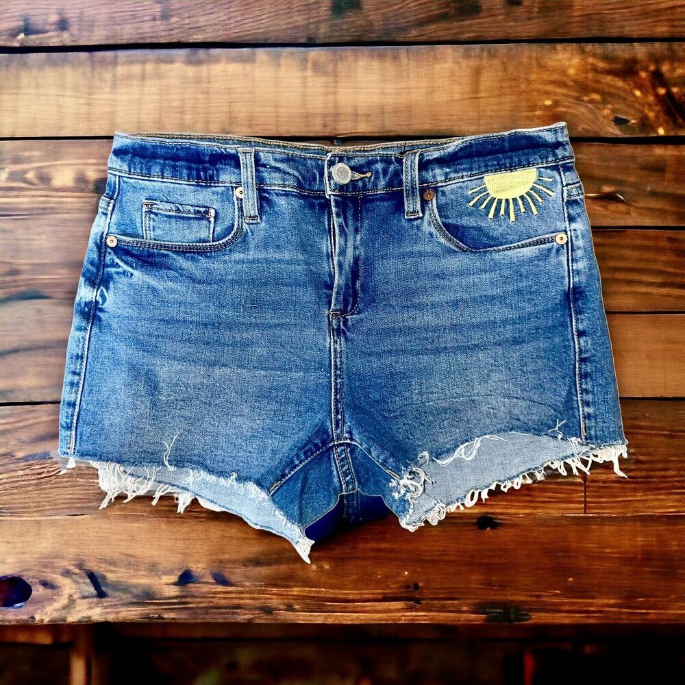 BLANK NYC 28 'The Astor' Cut-Off Denim Jean Shorts Embroidered Sun Rainbow